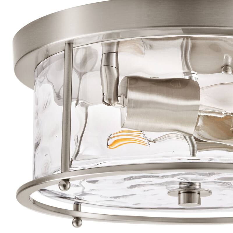 2-Light Flush Mount Water Rippled Glass Ceiling Light with Metal Frame
