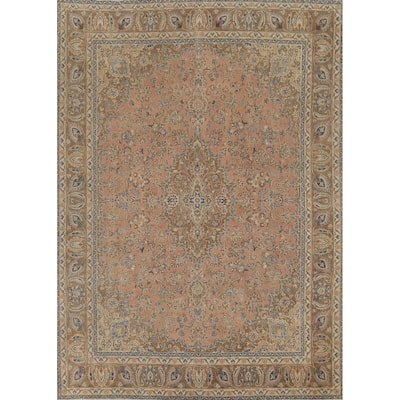 Distressed Floral Mashad Persian Vintage Rug Hand-Knotted Wool Carpet - 9'5"x 12'2"