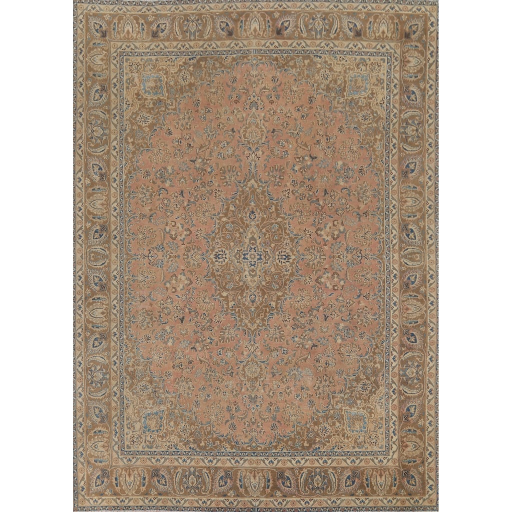 Distressed Floral Mashad Persian Vintage Rug Hand-Knotted Wool Carpet - 9'5"x 12'2"