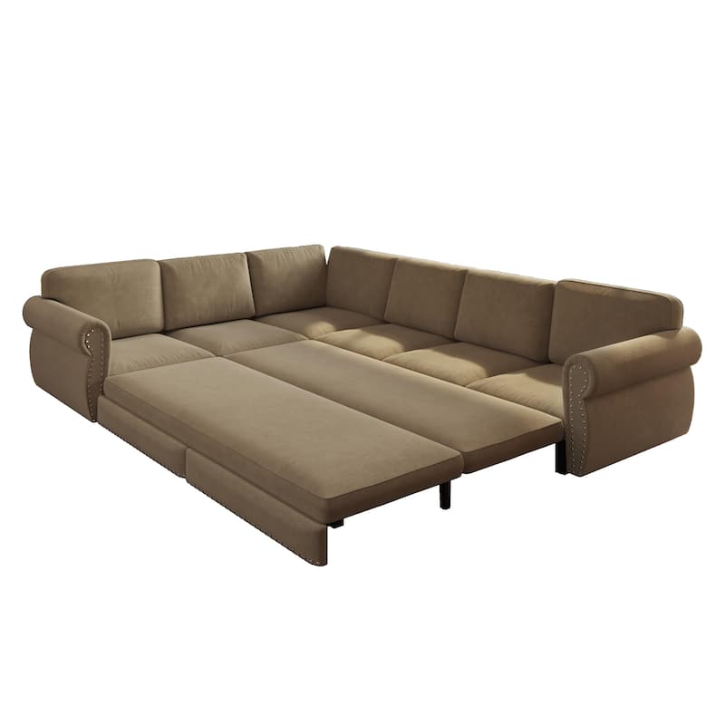 L-Shaped Sectional Sofa with Pull-Out Bed, Oversize Convertible Sleeper Sofa with Rolled Arms, Chenille Upholstery