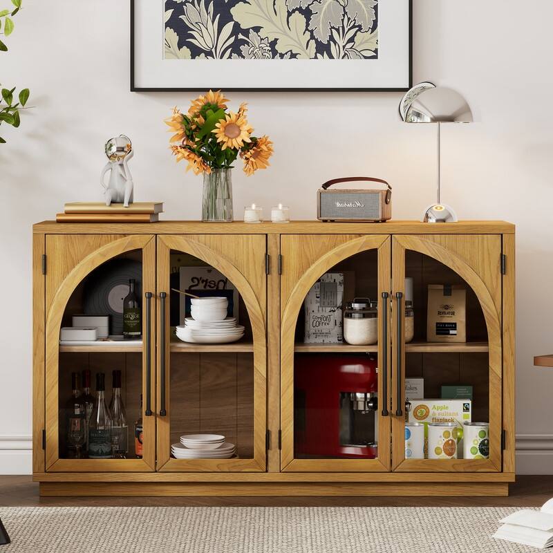 Retro Style Wood Buffet Sideboard with 4 Arched Glass Doors, Kitchen Storage Side Cabinet with Adjustable Shelves