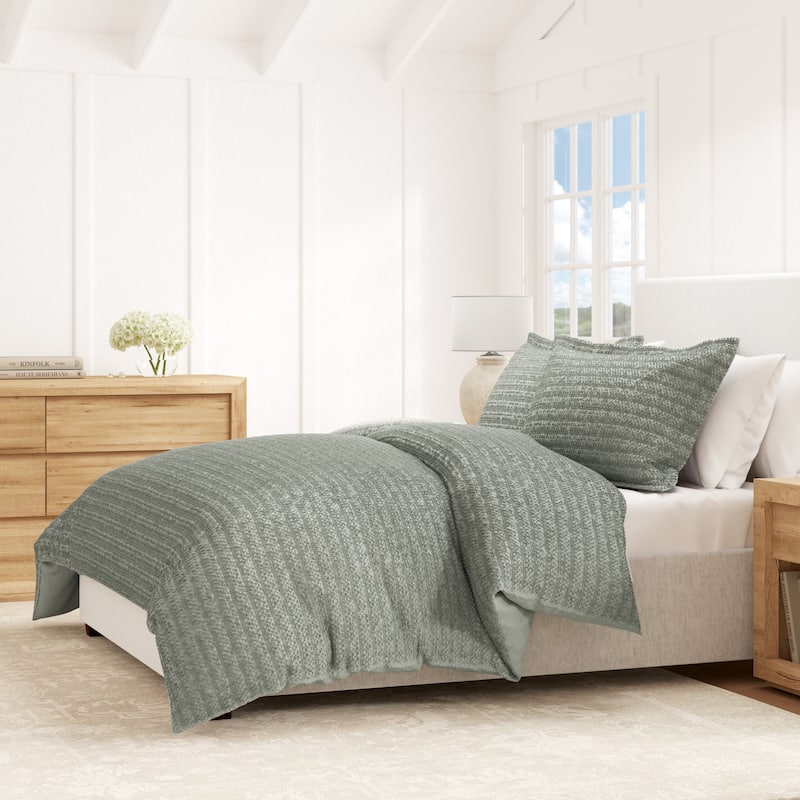 Linery & Co. 100% Cotton Reversible Honeycomb Waffle / Percale Duvet Cover Set - Eucalyptus Green - King