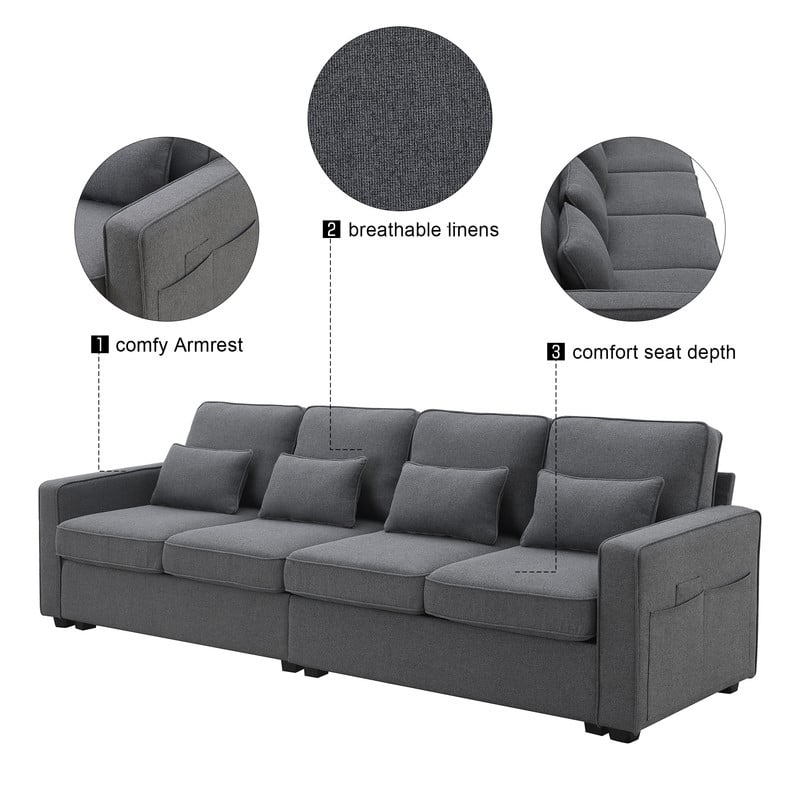 104" modern linen four seater sofa with armrest pockets