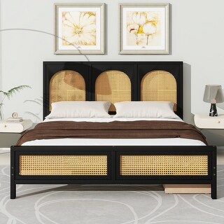 Queen Wood Platform Bed with Drawers and Rattan Headboard