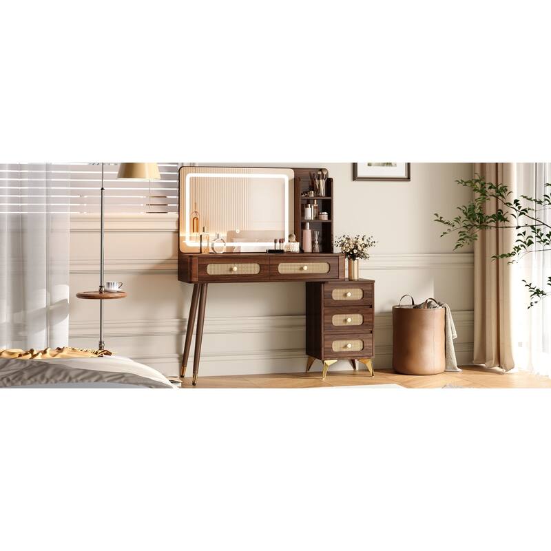 Makeup Vanity with Mirror & Lights, 3 Color Lighting Modes Adjustable Brightness, Dressing Table with 5 Drawers & Storage Shelf