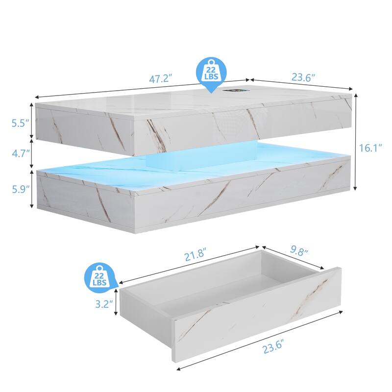 Pocassy Double-Layer Center Tables with LED Light 47.2 Inch