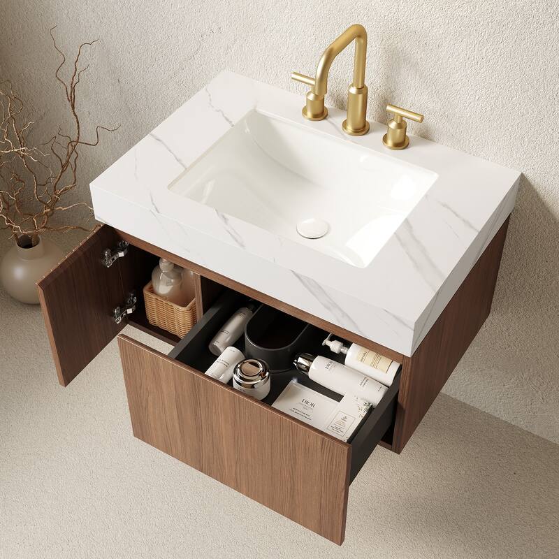 30" Floating Bathroom Vanity with Sintered Stone Top & Ceramic Basin, Plywood Cabinet with Drawer & Door
