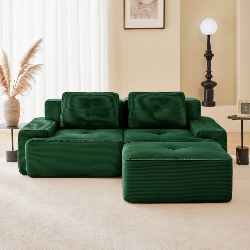 Roomfitters 82" Modular L-Shape Sectional Sofa, Corduroy Cloud Couch with Ottoman & Pearl Piping