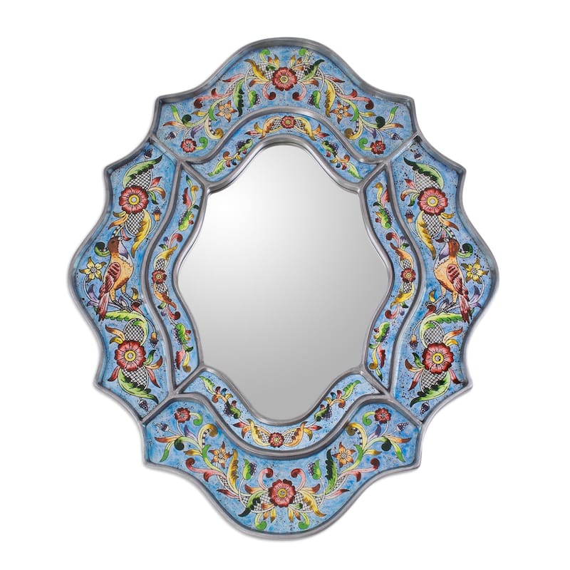 Handmade Revers Painted Bright Blue Sky Flower Mirror (Peru) - 9.75 " W x 13.0" H - Multi