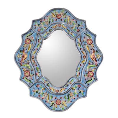 Handmade Revers Painted Bright Blue Sky Flower Mirror (Peru) - 9.75 " W x 13.0" H