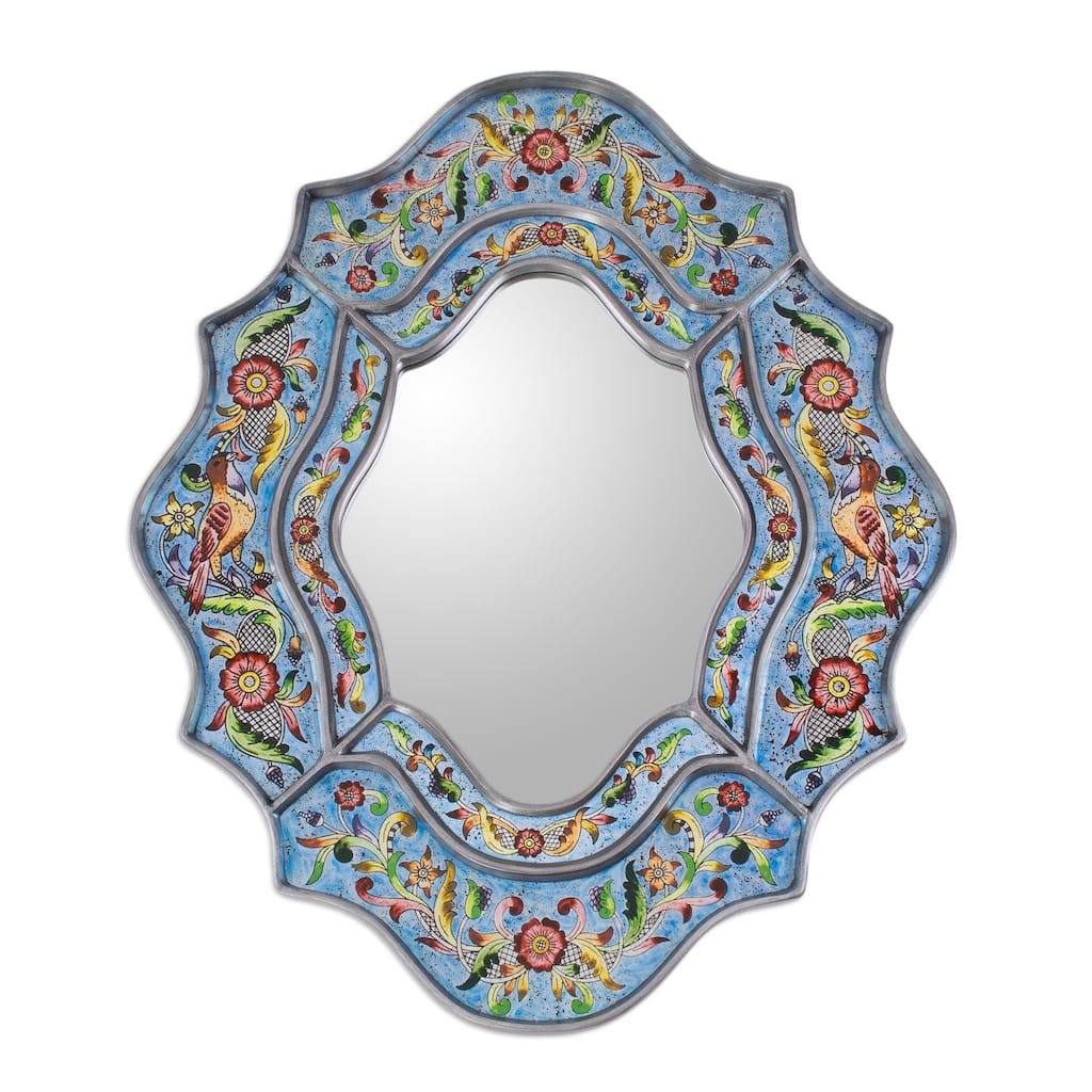 Handmade Revers Painted Bright Blue Sky Flower Mirror (Peru) - 9.75 " W x 13.0" H