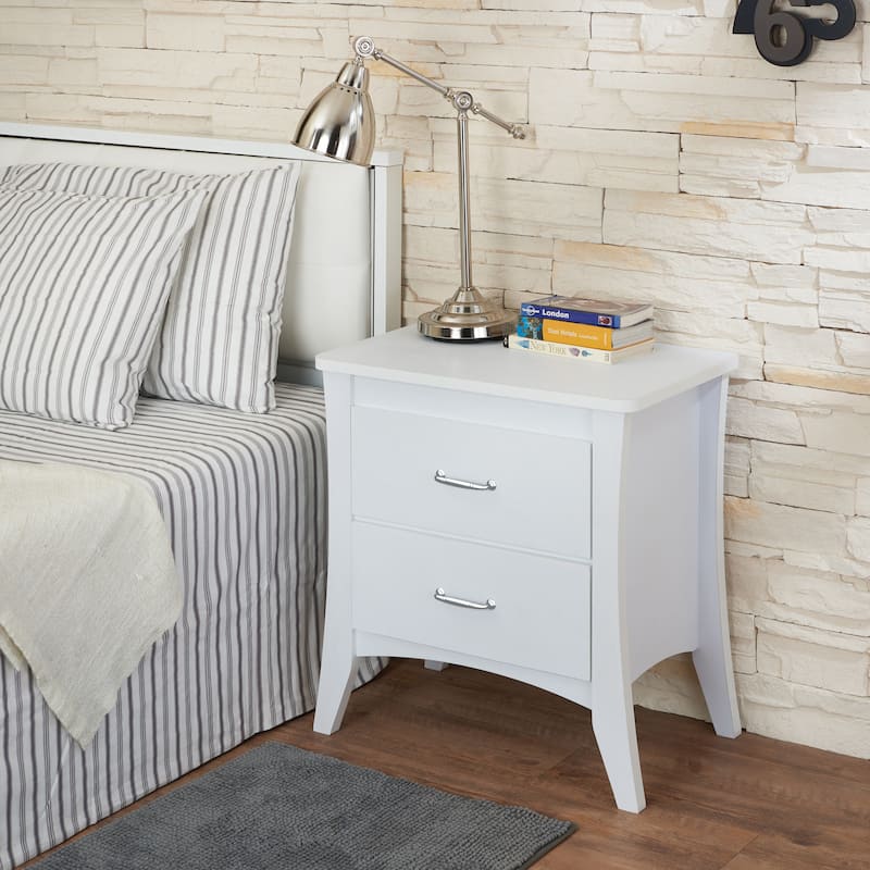 White 2-Drawer Wooden Nightstand with Safety Stop - White