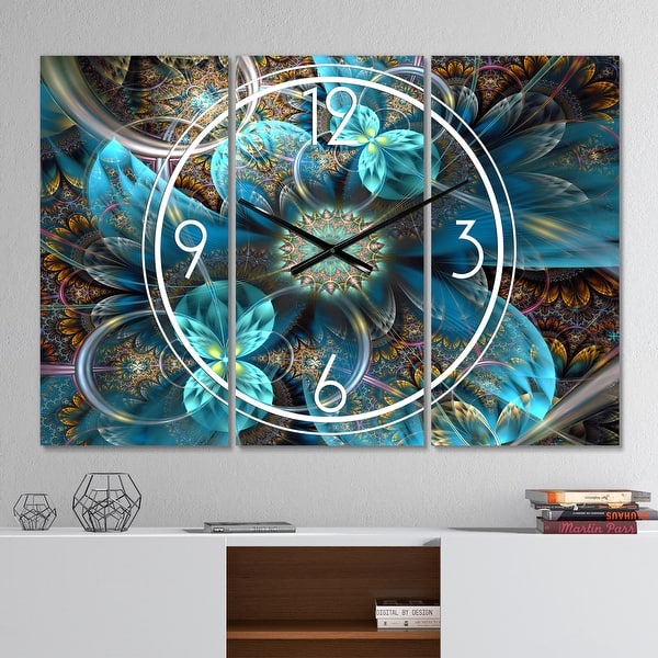 slide 2 of 6, Designart 'Fractal Blue Flowers' Modern 3 Panels Large Wall CLock - 36 in. wide x 28 in. high - 3 panels