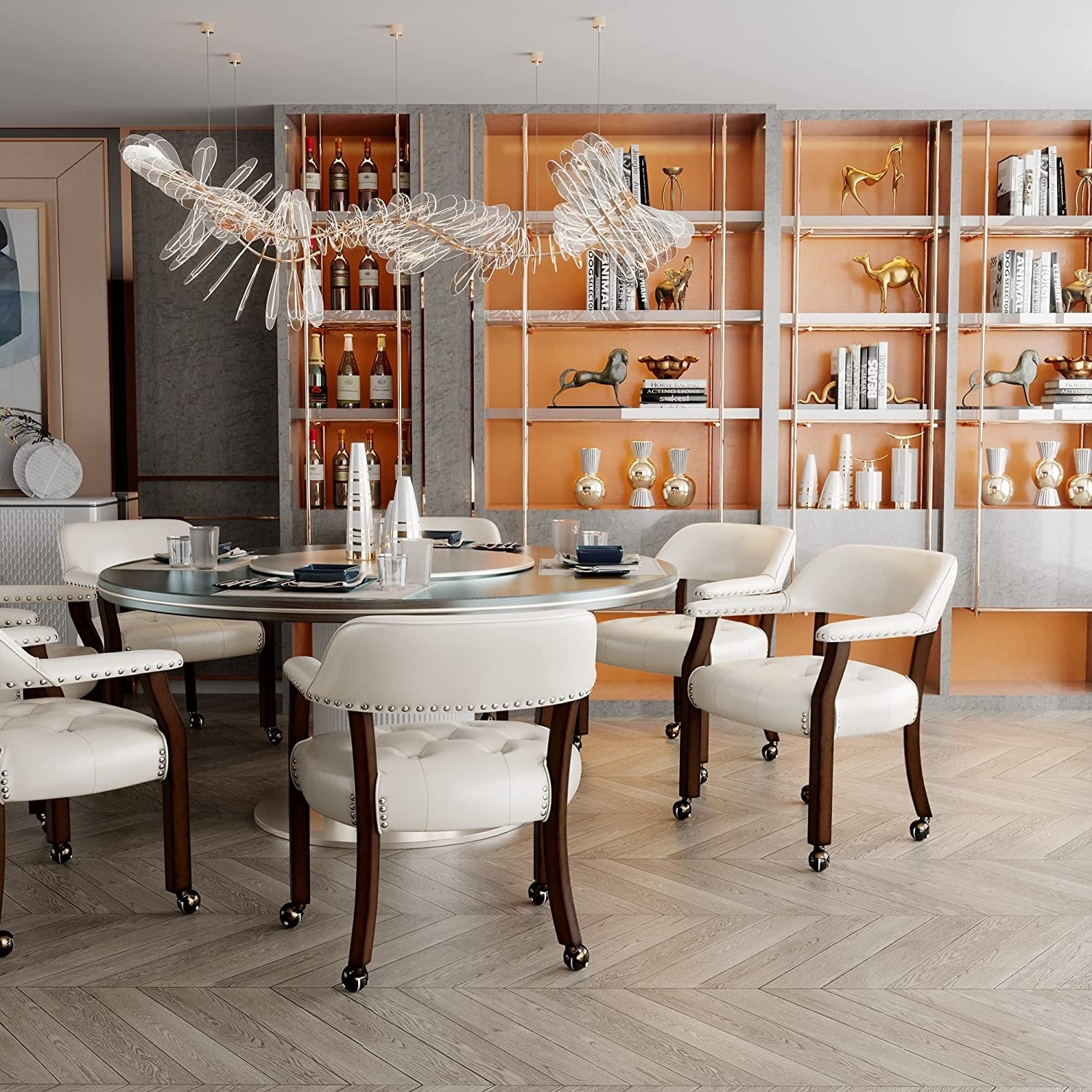 Solid Wood Frame Dining Chairs with Casters for Poker Tables-image