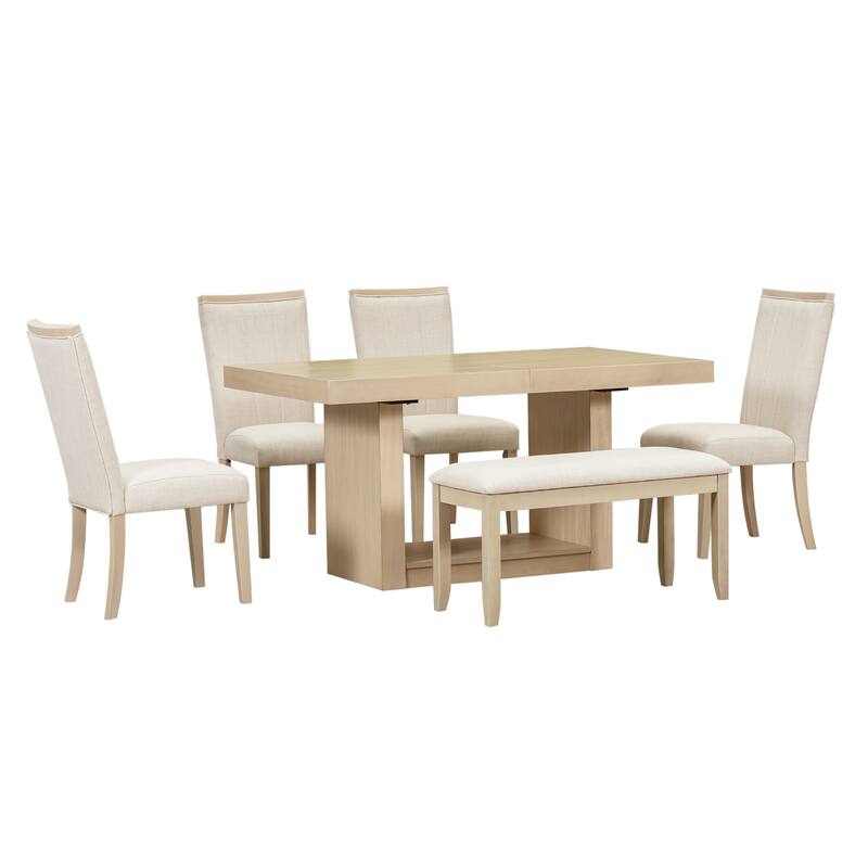 Roomfitters Contemporary 6-Piece 78" Extendable Pedestal Dining Table Set with Bench and Upholstered Chairs, Natural Beige