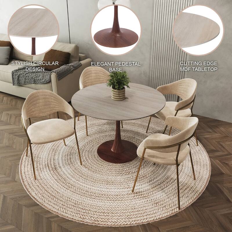 Bristol 35" Round Dining Table with MDF Top and Walnut Steel Pedestal Base for Modern Kitchen and Dining Room