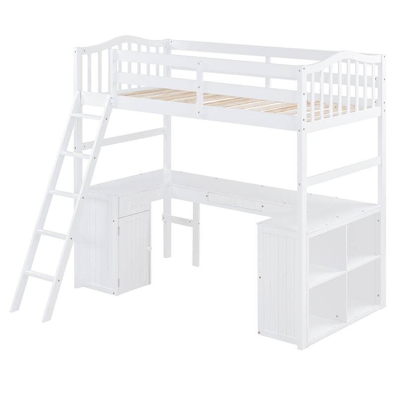 Roomfitters Twin Size Wooden Loft Bed with Desk, Cabinet, Shelves and Storage Drawers, White
