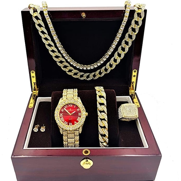 Bloody-Red Dial with Roman Numerals, Cuban Chain Bracelet, Cuban Necklace, Tennis Chain & Ring. Opens flyout.