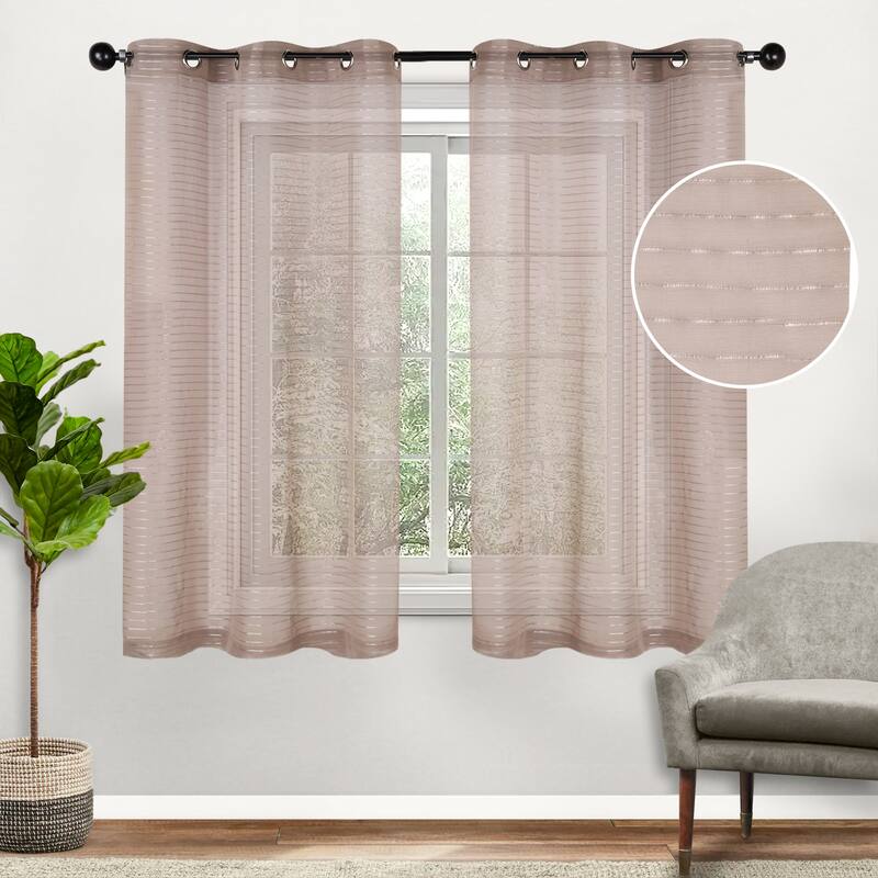 Superior Jackson Striped Machine Washable Sheer Curtains, Set of 2 - 42" x 63" - Taupe