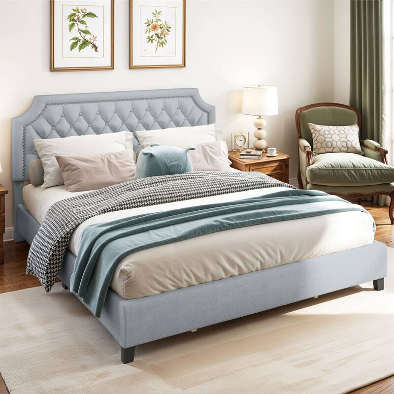 Moasis Upholstered Tufted Bed Frame with Adjustable Height Headboard - Velvet Grey - King
