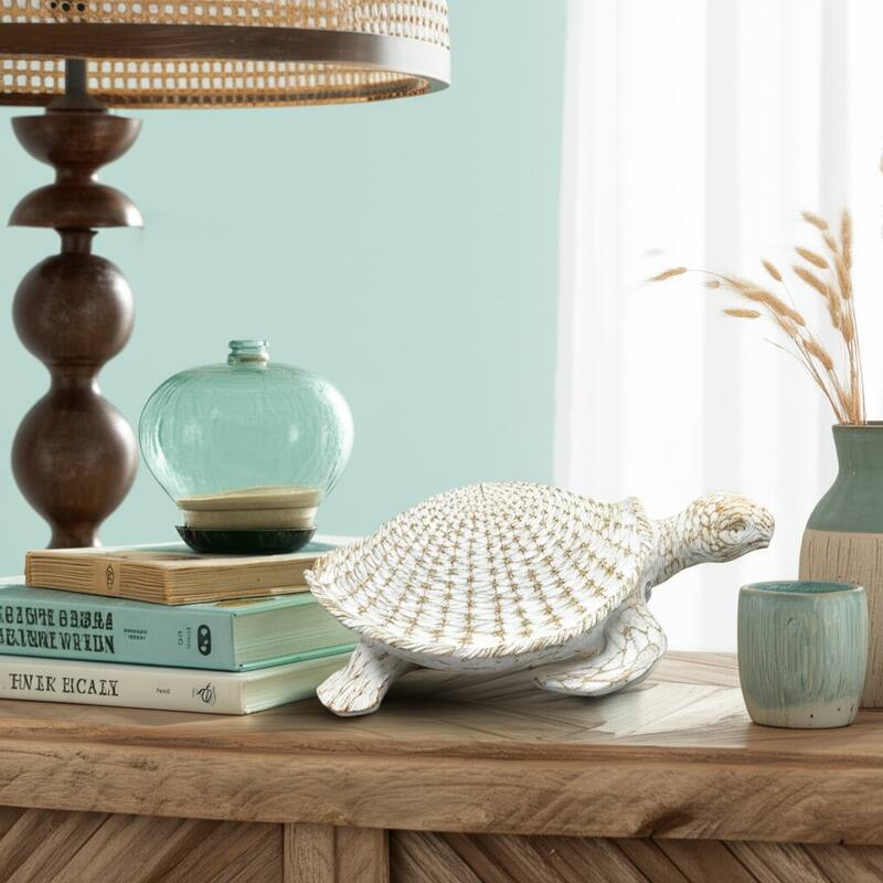 Resin Coastal Style Sea Turtle Sculpture with Woven Shell Texture