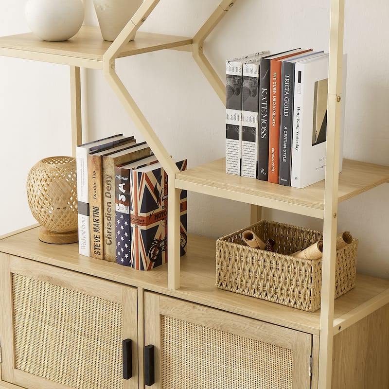 Rattan bookshelf 5 tiers Bookcases Storage Rack - 39.4’’w x 13.8’’d x 75.6’’h