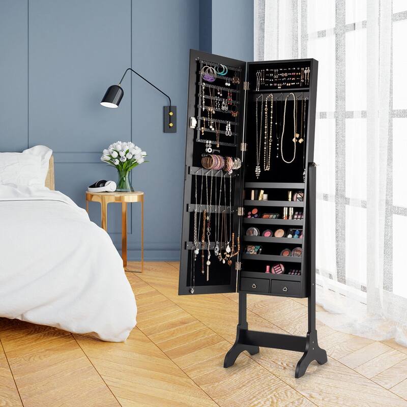 Gymax Jewelry Organizer Vanity Box w/ Full Length Mirror Black/ White - See Details
