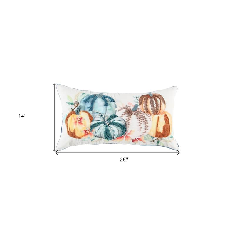 HomeRoots 14" X 14" Blue and White Thanksgiving Cotton Pillow With Embroidery Edges