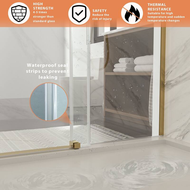 Lordear 48" x 76" Glass Shower Door Aluminum Semi-Frameless Adjustable Golden Shower Enclosure - 48 in.W x 76 in H