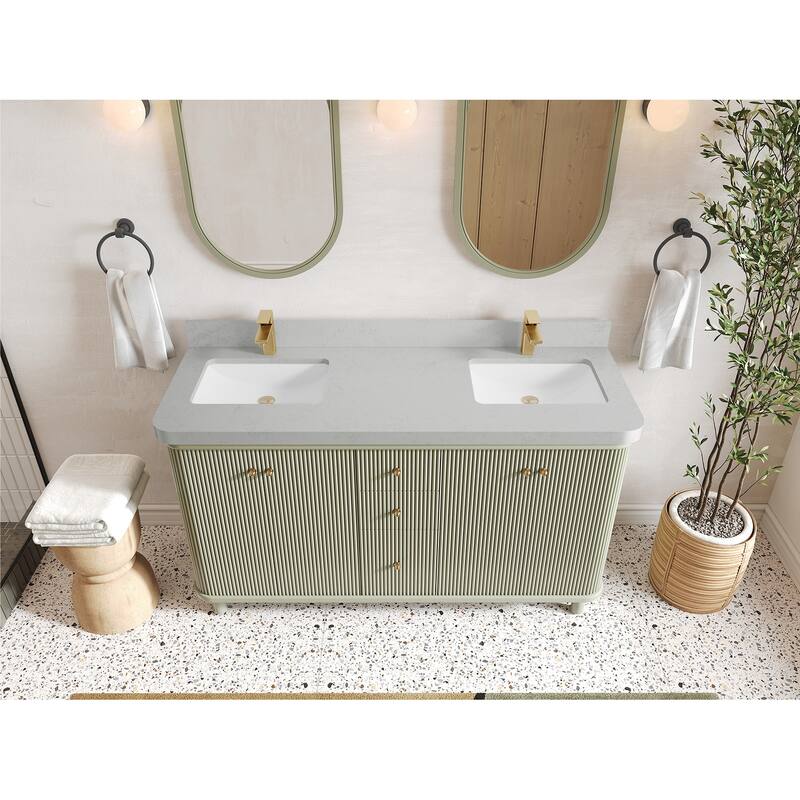 Willow Collections 60 in. W x 22 in. D Reeded Miami Double Bowl Sink Bathroom Vanity with Countertop - 2”Carrara Quartz - Evergreen