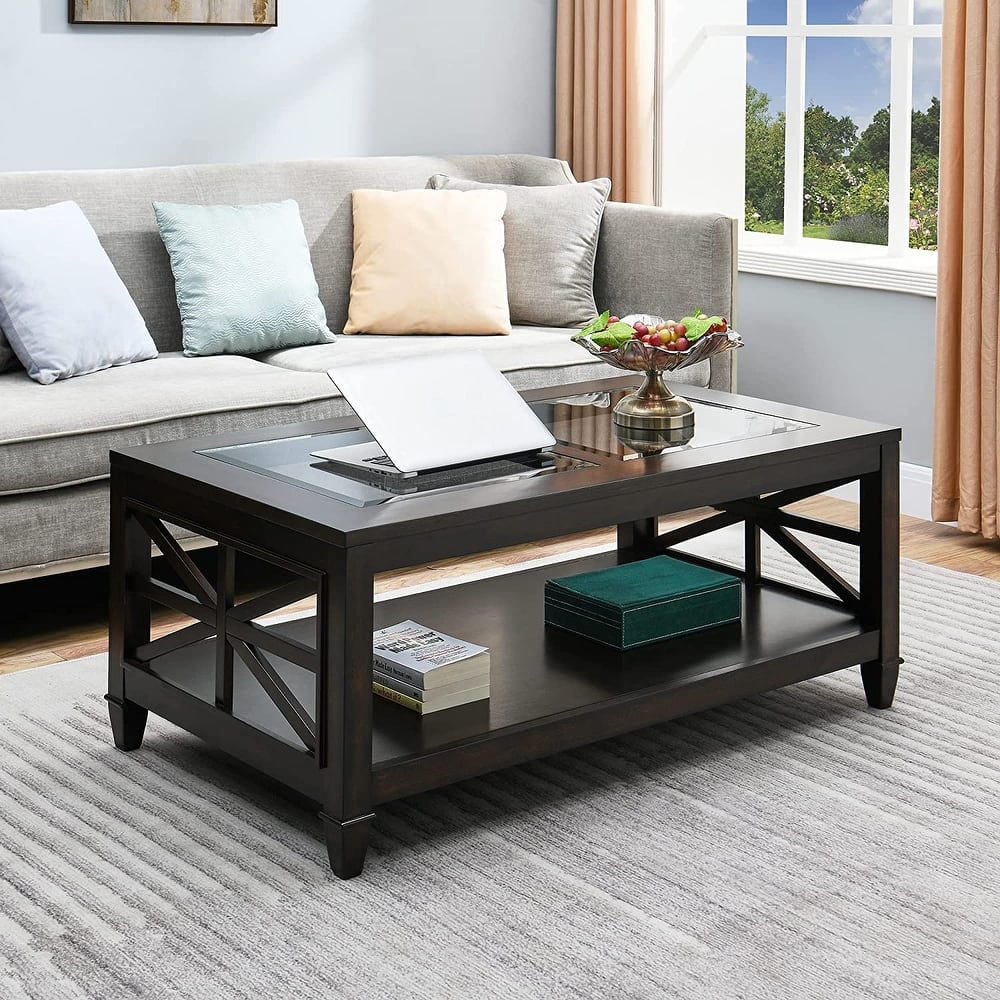 2-Tier 45.5" X 26" Solid Wood Coffee Table Tempered Glass Top