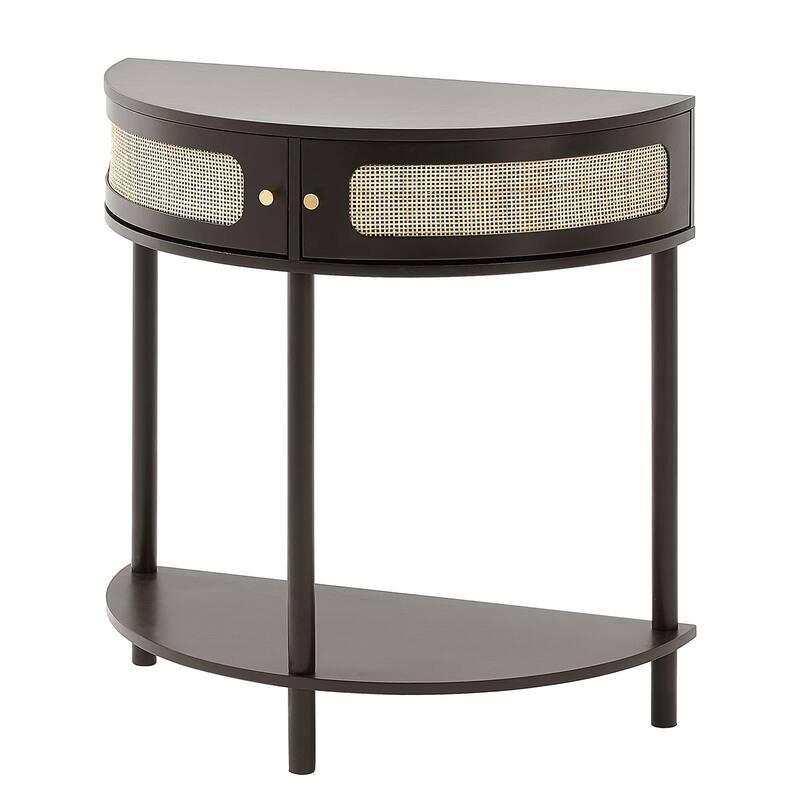 Half-Moon Rattan Console Table with Drawers & Sliding Door - 31.88 x 15.74 x 32.28 inch