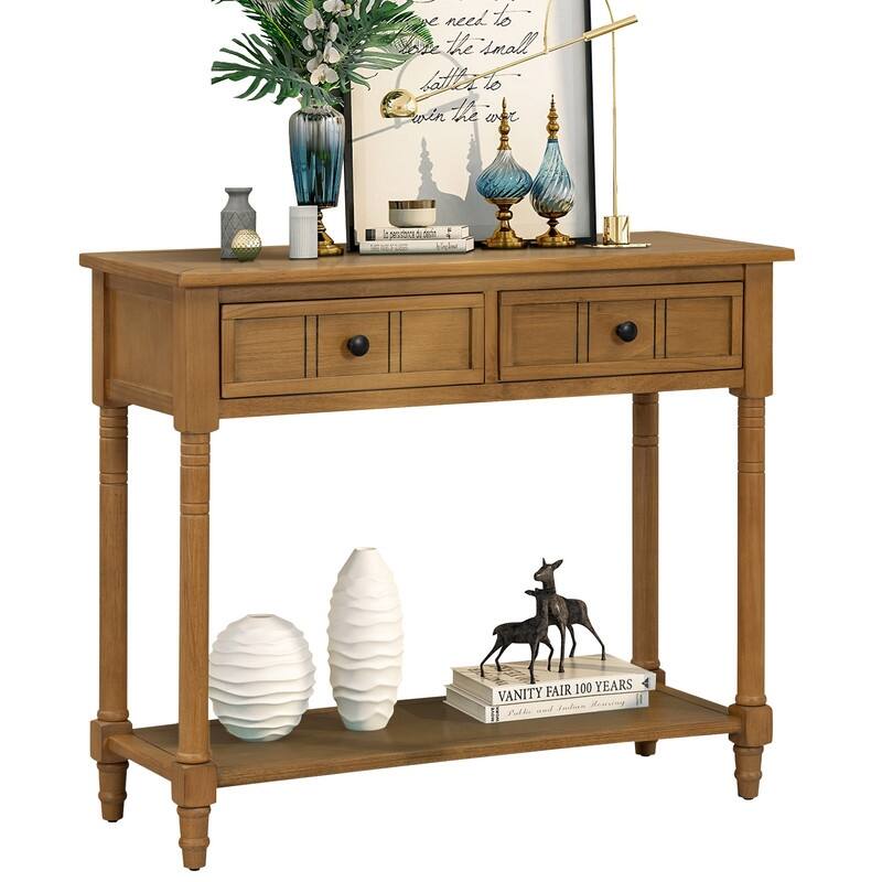 Narrow Console Table, Traditional Pine Wood Design with 2 Drawers and Bottom Shelf for Living Spaces