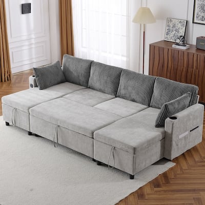 Sectional Sofa Pull-out Sofa Bed with Large Storage Space, 2 USB Ports and 2 Cup Holders Chenille Tufted Couch