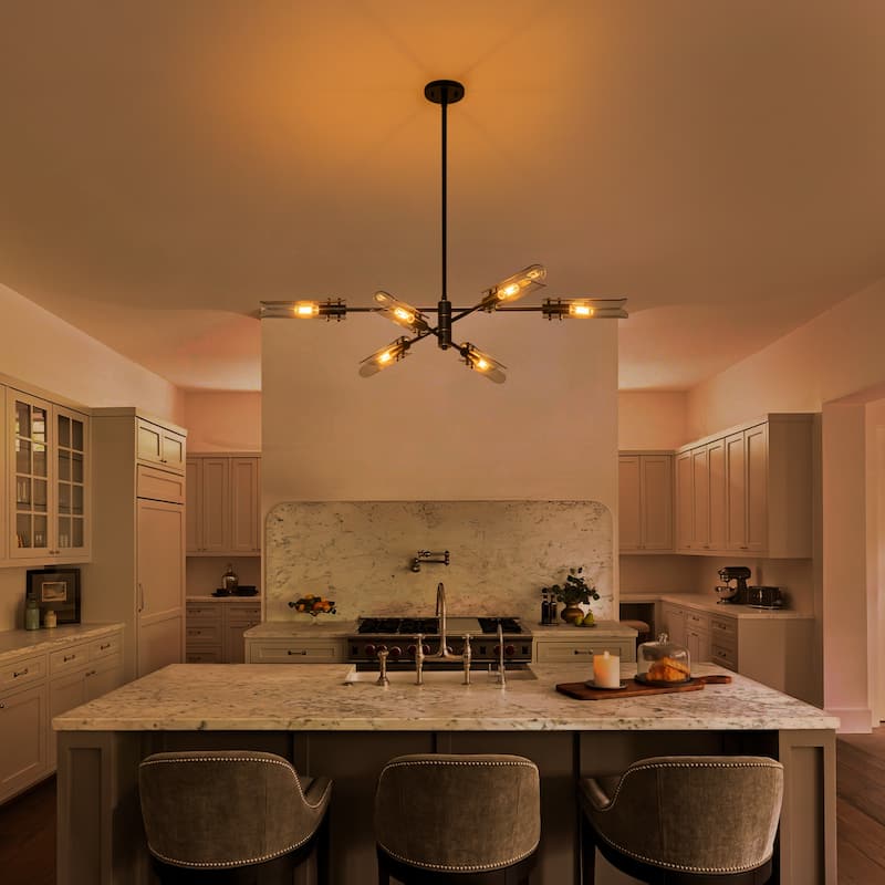 6-Light Modern Branch Chandelier 2-in-1 Curved Smoke Glass Panels - Dia.47.24-in