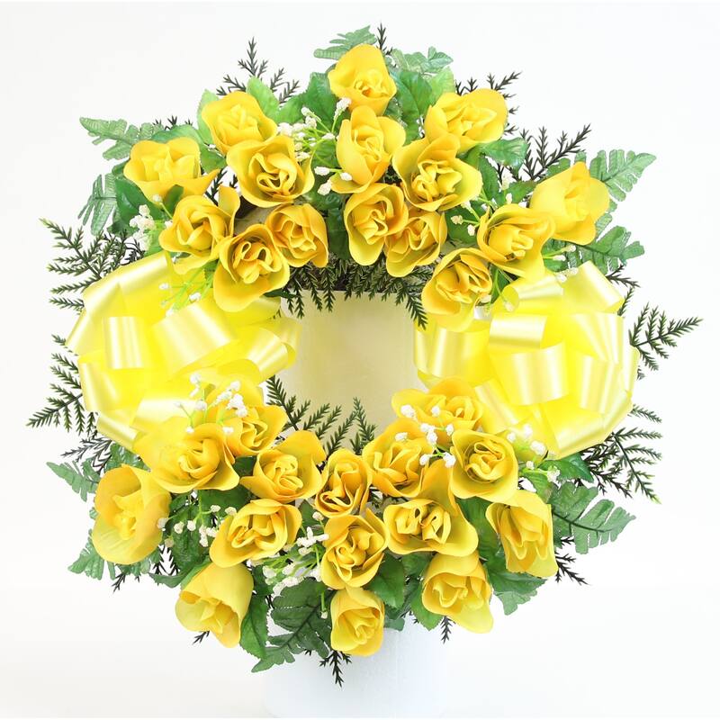 Memorial Rosebud & Gypsophilia Cemetery Wreath - N/A - Yellow