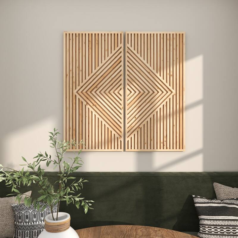 Brown Wood Carved Geometric Home Wall Decor (Set of 2)