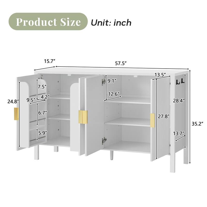 Storage Cabinet with 4 Stripe Door and Side Hooks, Buffet Cabinet Adjustable Shelves & Aluminum Handles for Living Room