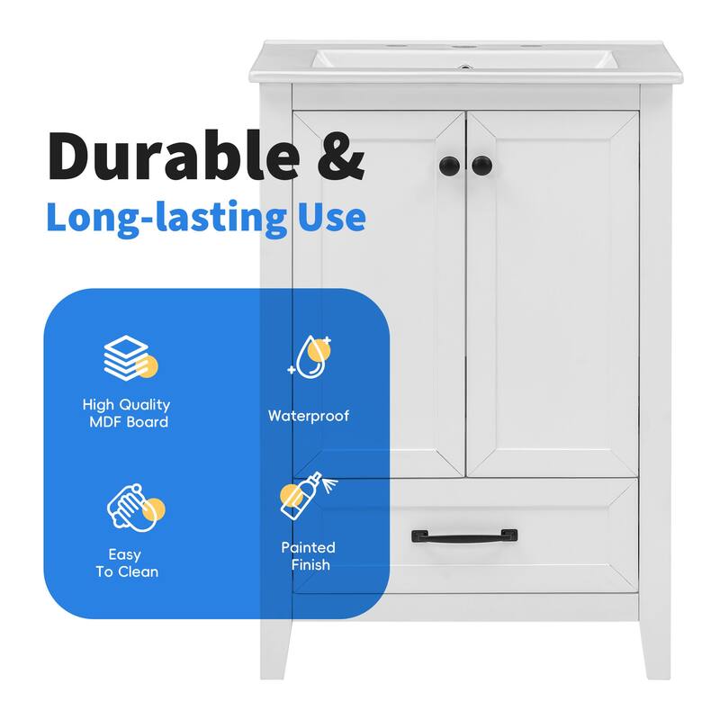 24" Bathroom Vanity with Sink, Bathroom Vanity Cabinet with One Drawer and Doors, Adjustable Shelf, Solid Wood and MDF, White
