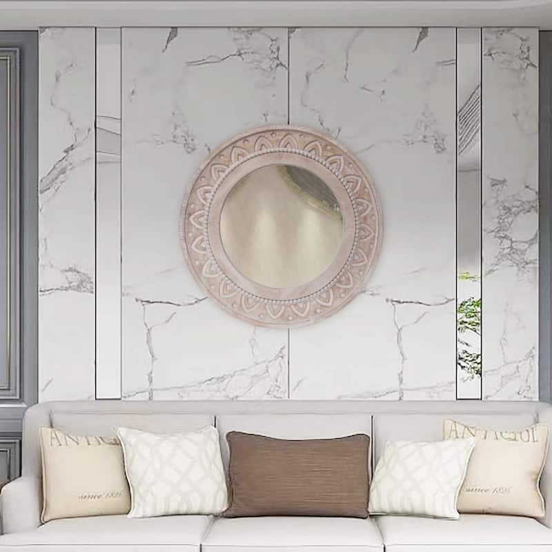 Wood Circle Mirror with Carved Frame, 27.5''