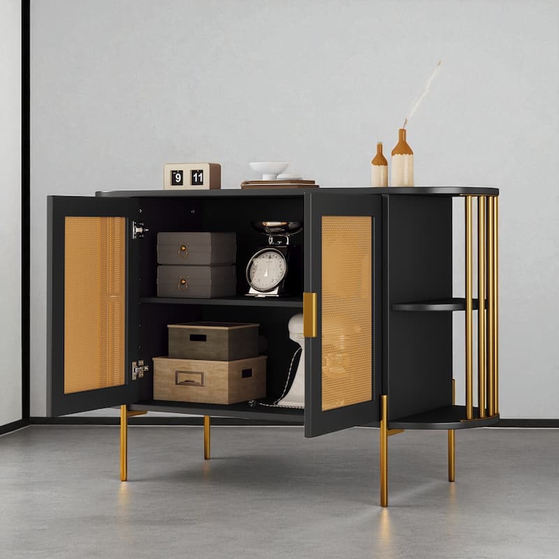 Elegant 2-Door Side Cabinet with Gold Trim and Woven Rattan Doors, Adjustable Shelves - 47.2"