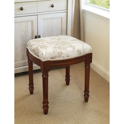 Taupe Peony Vanity Stool with wood stained finish