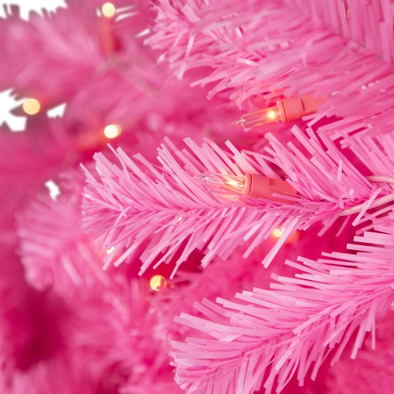 Pre-Lit Medium Artificial Pine Christmas Tree - 7' - Pink - Clear Lights - 7 Foot