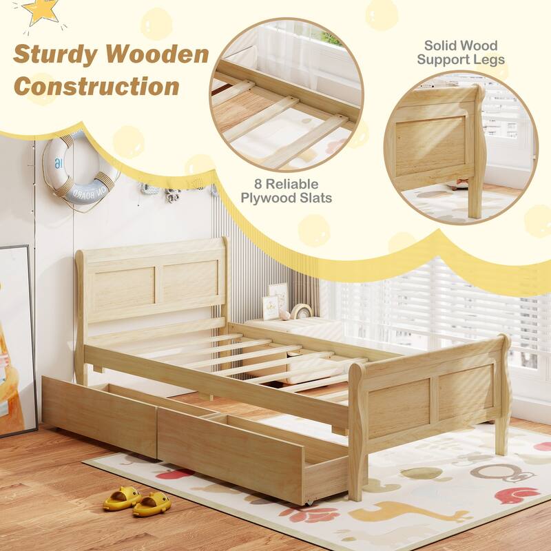 Twin Size Wooden Sleigh Platform Bed with 2 Under-Bed Drawers Included Headboard and Footboard