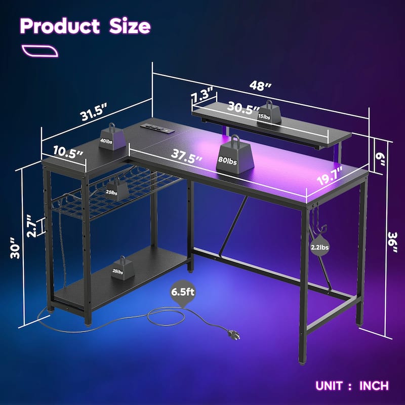 48inch L shaped computer desk with power outlet , Led Gaming desk with Monitor stand