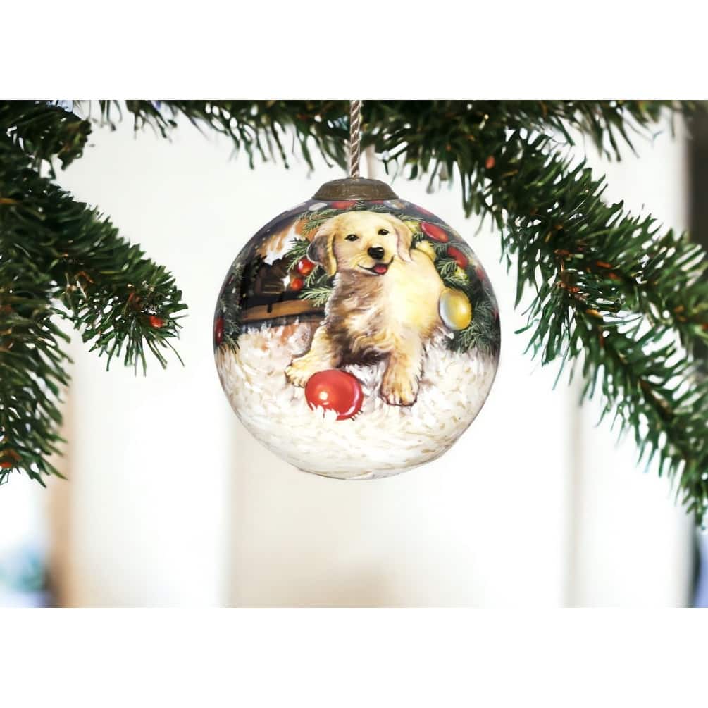 HomeRoots Puppy under the Christmas Tree Hand Painted Mouth Blown Glass Ornament - 3" x 3" x 3"