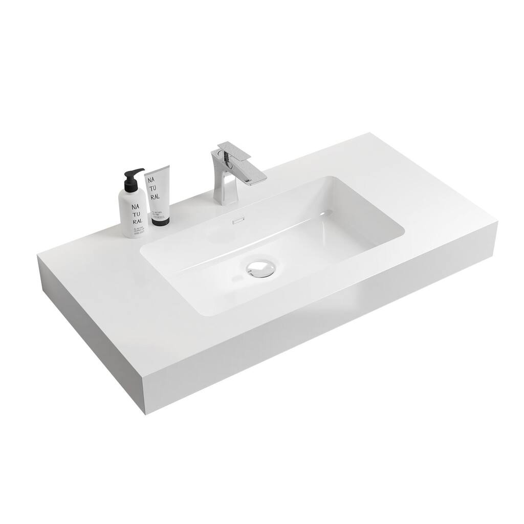Integrated solid surface basin WITHOUT drain and faucet, glossy white color
