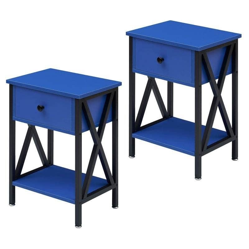 Set of 2 Bedroom Nightstands with Steel Frame and Drawer - Dark-Blue