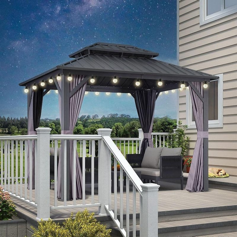 PURPLE LEAF Gazebo Outdoor Gazebo with Dual-Layer Galvanized Steel Double Roof Aluminum Gazebo with Netting and Curtains Grey