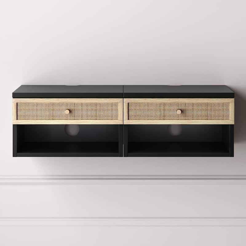 Nathan James Jackson Modern Floating Bedroom Nightstand with Storage Drawer and Open Shelf Cubby - Black/Rattan Set of 2